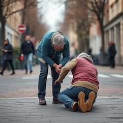 Image showing a caring adult assisting a child in a town center