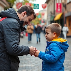 Image showing a caring adult assisting a child in a town center