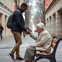 Image showing someone helping an aging adult who is sitting whilst confused and lost in a town center