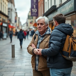 Image showing an elderly person being helped in the town center